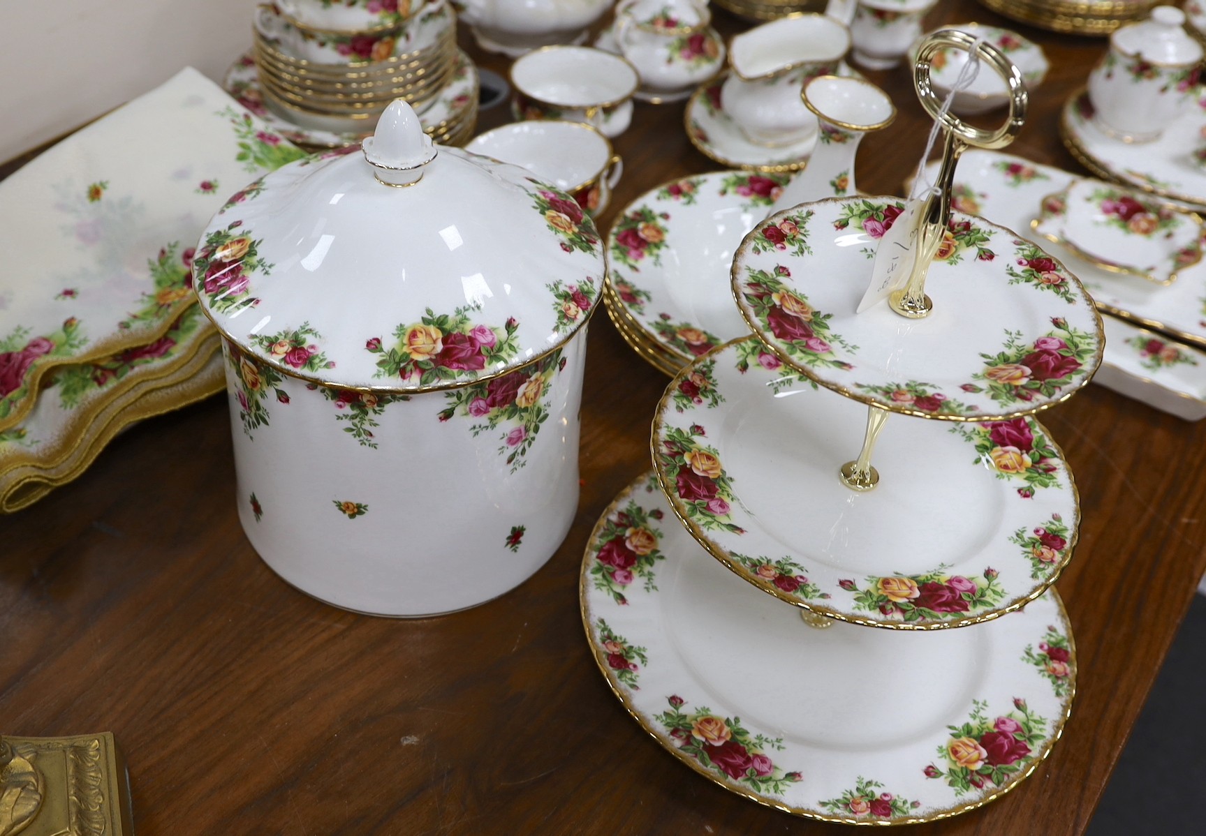 Royal Albert Old Country Rose dinner and tea service, to include a large biscuit box three tier cake stand etc